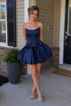 Red - Strapless A Line Satin Short Wedding Guest Dress With Bow - Curvevia
