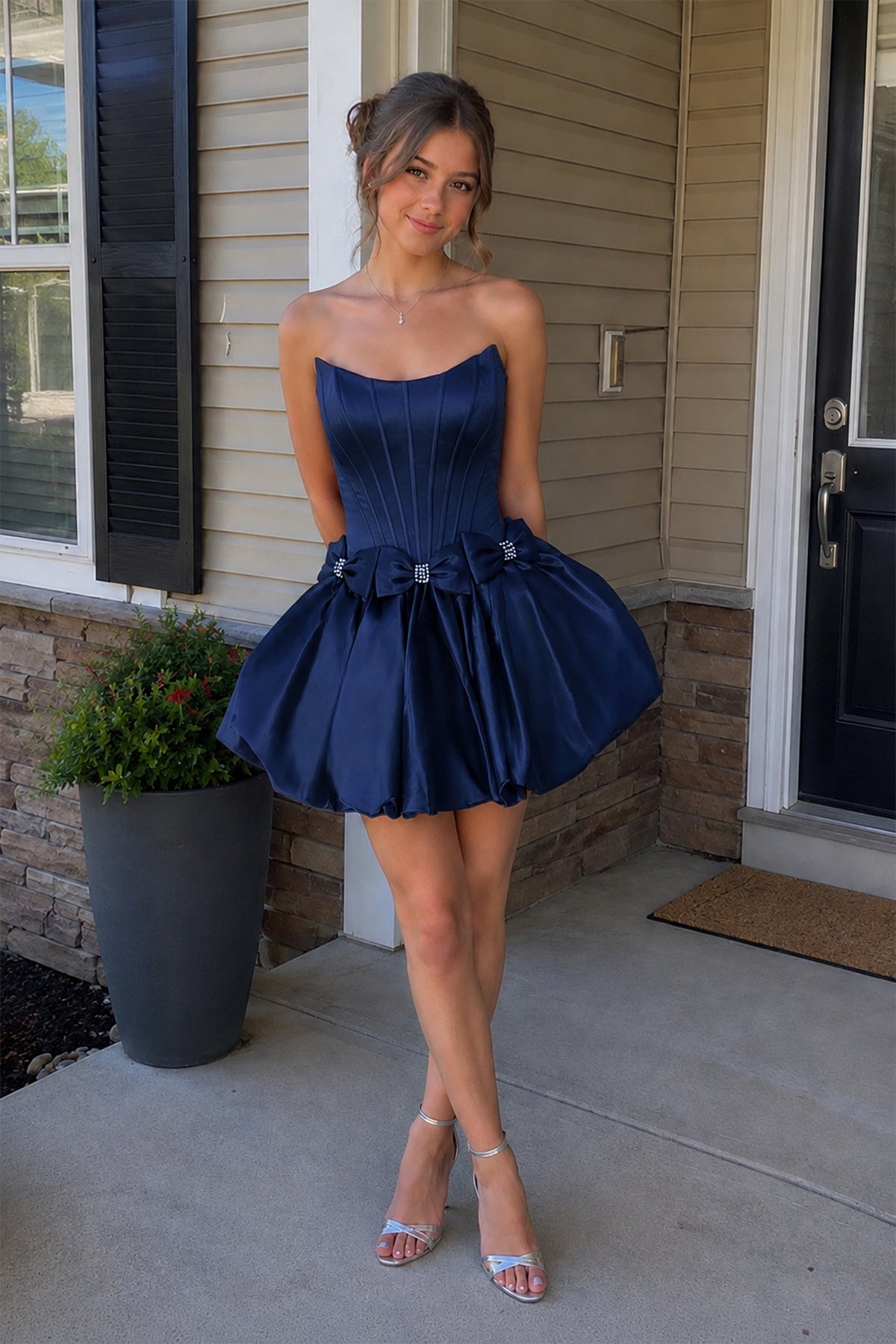 Red - Strapless A Line Satin Short Wedding Guest Dress With Bow - Curvevia