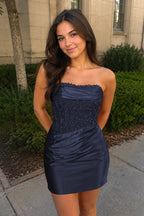 Navy Strapless Appliqued Sheath Satin Corset Homecoming Dress - Curvevia