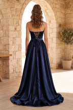 Black Strapless Satin Long Evening Dress With High Split - Curvevia
