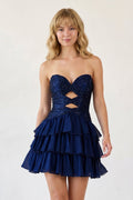 Navy Blue Sweetheart Cut-Out Ruffled A-Line Satin Beaded Homecoming Dress - Curvevia