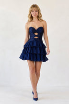 Navy Blue Sweetheart Cut-Out Ruffled A-Line Satin Beaded Homecoming Dress - Curvevia