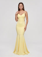 Daffodil Satin Mermaid V-Neck Side Zip Floor-Length Dress with Pleated Bodice - Curvevia