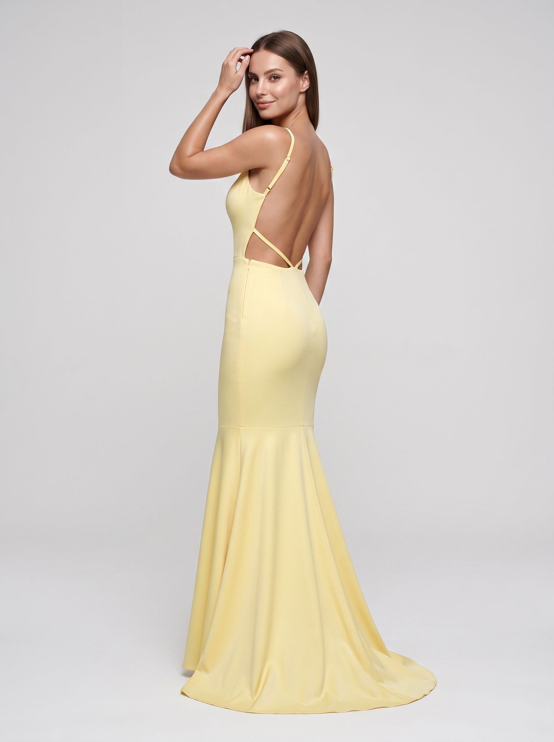 Daffodil Satin Mermaid V-Neck Side Zip Floor-Length Dress with Pleated Bodice - Curvevia