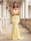Daffodil Satin Mermaid V-Neck Side Zip Floor-Length Dress with Pleated Bodice - Curvevia