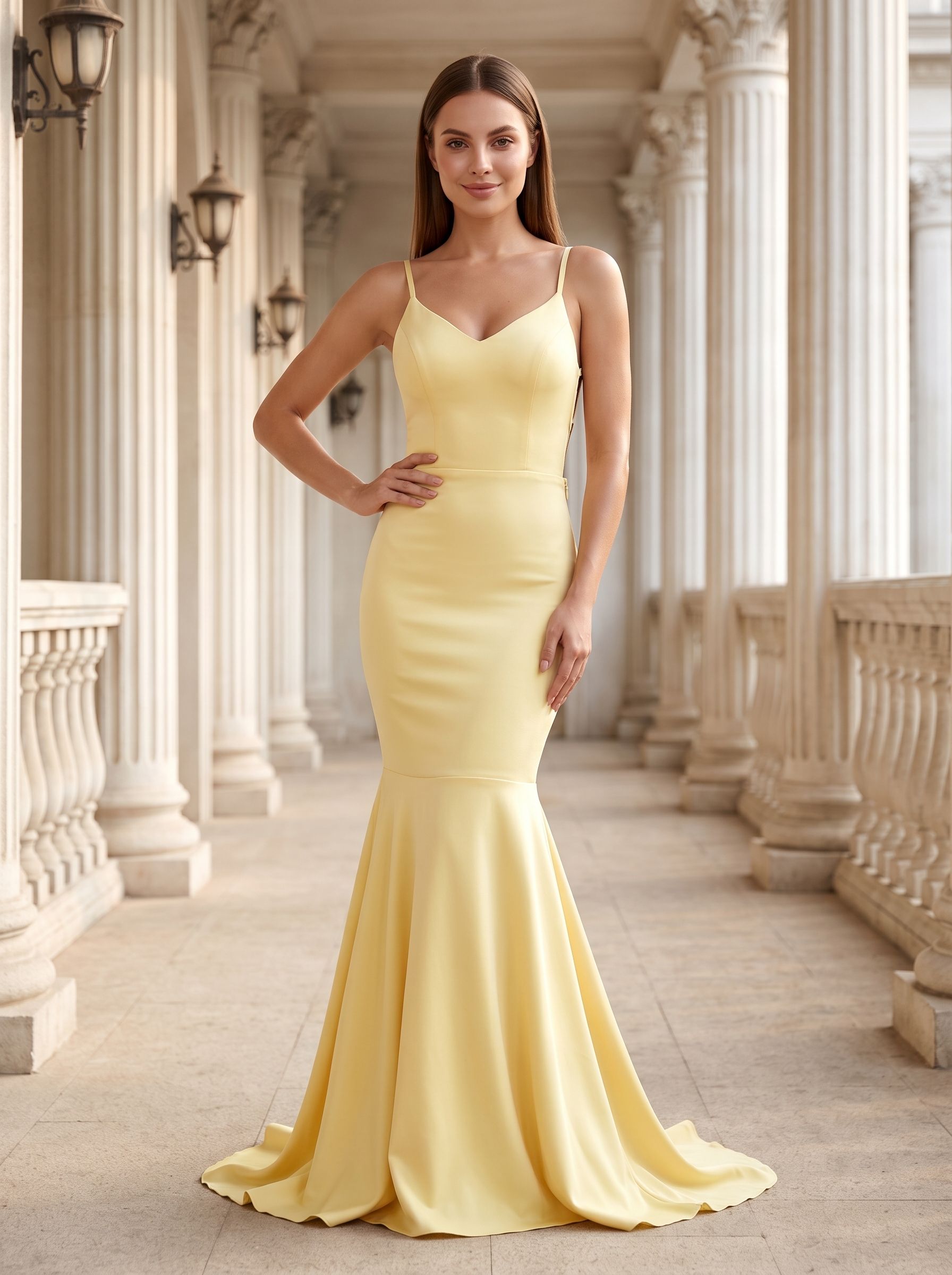 Daffodil Satin Mermaid V-Neck Side Zip Floor-Length Dress with Pleated Bodice - Curvevia