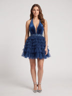 Navy Blue Tulle A-Line Halter neckline Back Zip Short Dress with Beaded Bodice - Curvevia