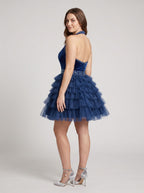 Navy Blue Tulle A-Line Halter neckline Back Zip Short Dress with Beaded Bodice - Curvevia