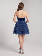 Navy Blue Tulle A-Line Halter neckline Back Zip Short Dress with Beaded Bodice - Curvevia