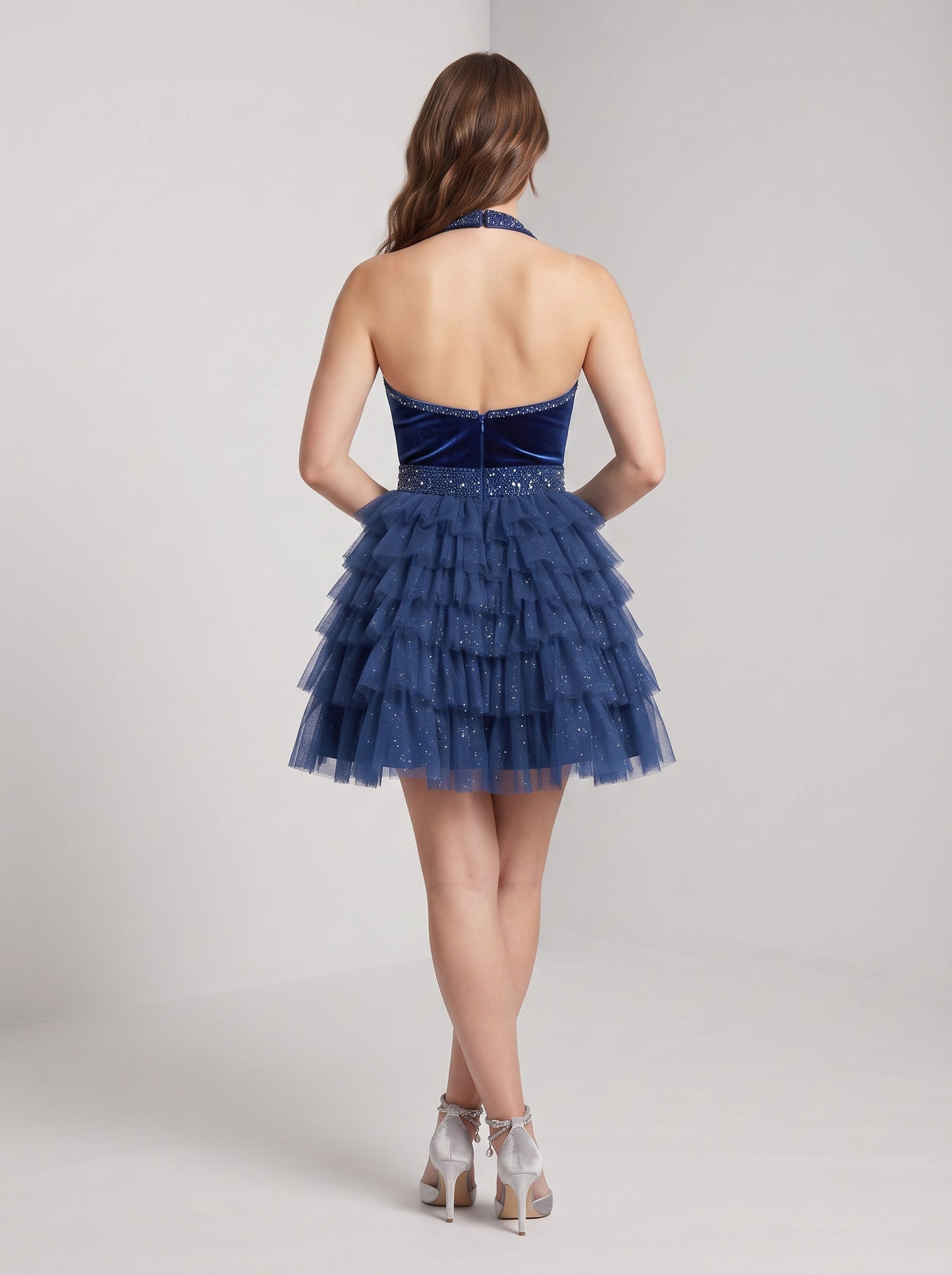 Navy Blue Tulle A-Line Halter neckline Back Zip Short Dress with Beaded Bodice - Curvevia