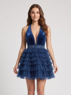 Navy Blue Tulle A-Line Halter neckline Back Zip Short Dress with Beaded Bodice - Curvevia