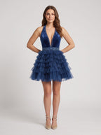 Navy Blue Tulle A-Line Halter neckline Back Zip Short Dress with Beaded Bodice - Curvevia