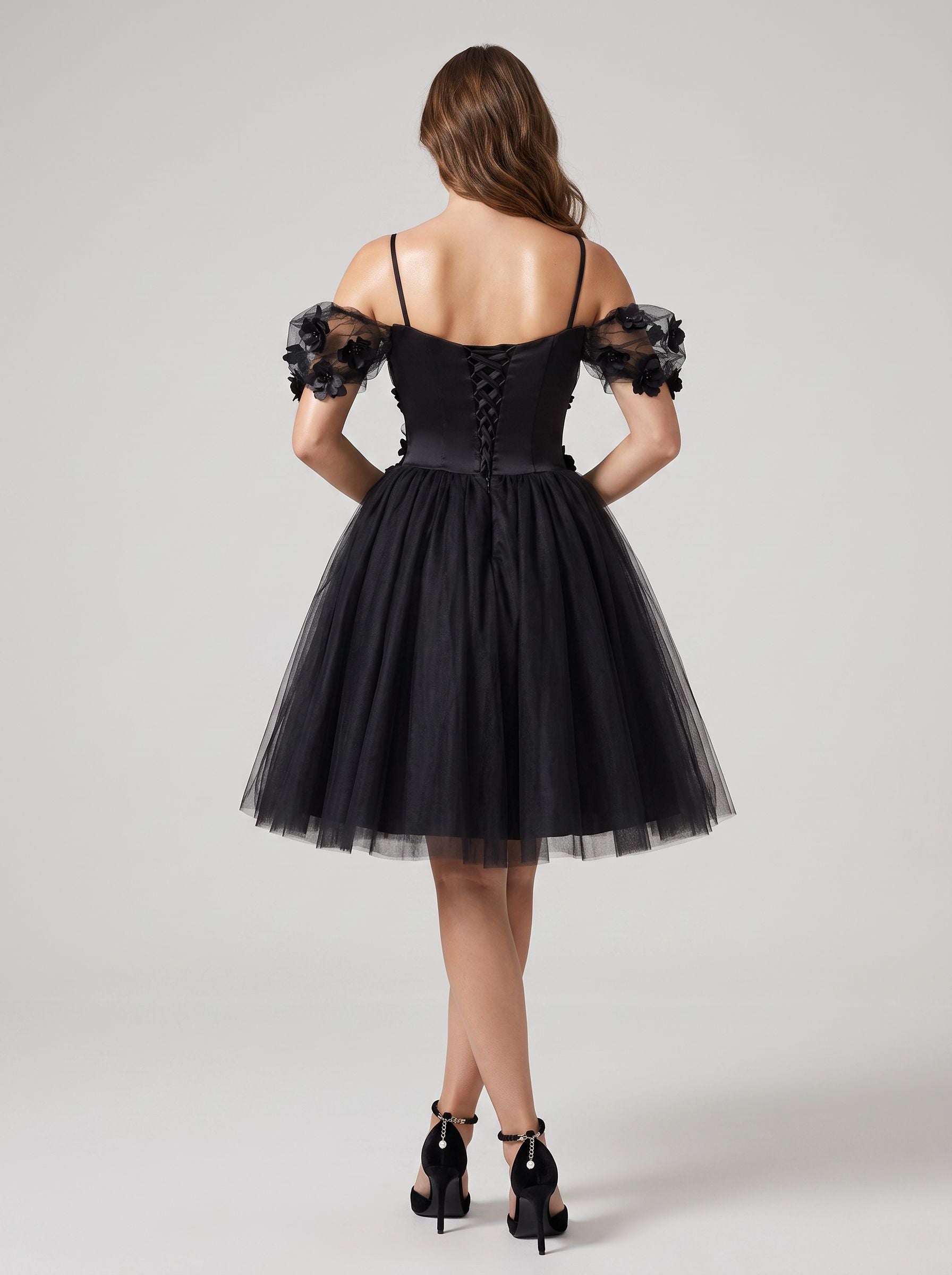 Black Tulle A-Line Off-the-Shoulder Criss-Cross Straps Short Dress with Sweetheart Bodice - Curvevia