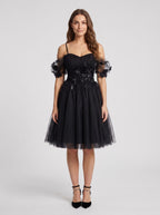 Black Tulle A-Line Off-the-Shoulder Criss-Cross Straps Short Dress with Sweetheart Bodice - Curvevia