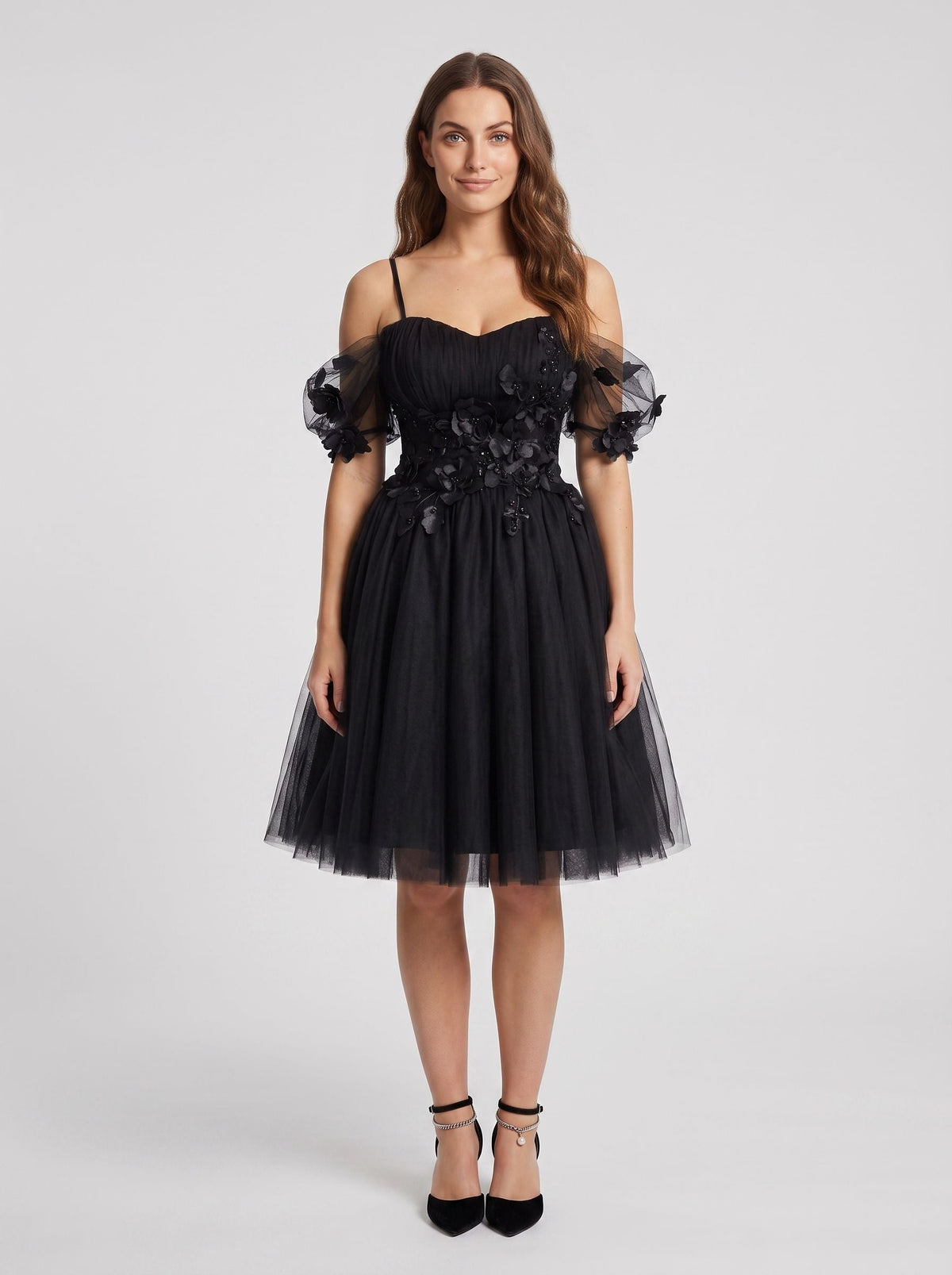 Black Tulle A-Line Off-the-Shoulder Criss-Cross Straps Short Dress with Sweetheart Bodice - Curvevia