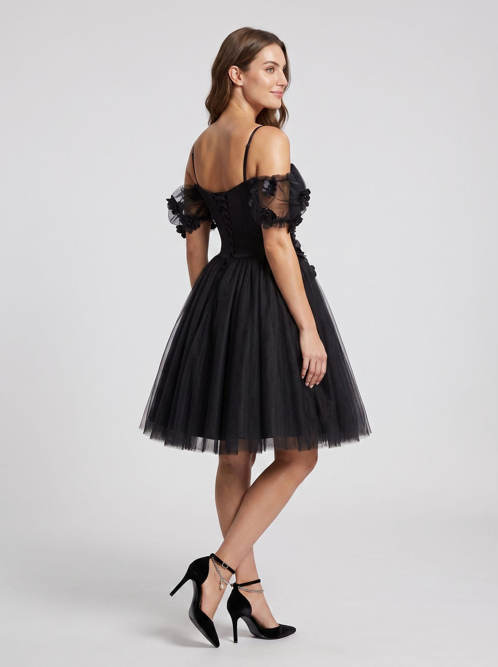 Black Tulle A-Line Off-the-Shoulder Criss-Cross Straps Short Dress with Sweetheart Bodice - Curvevia