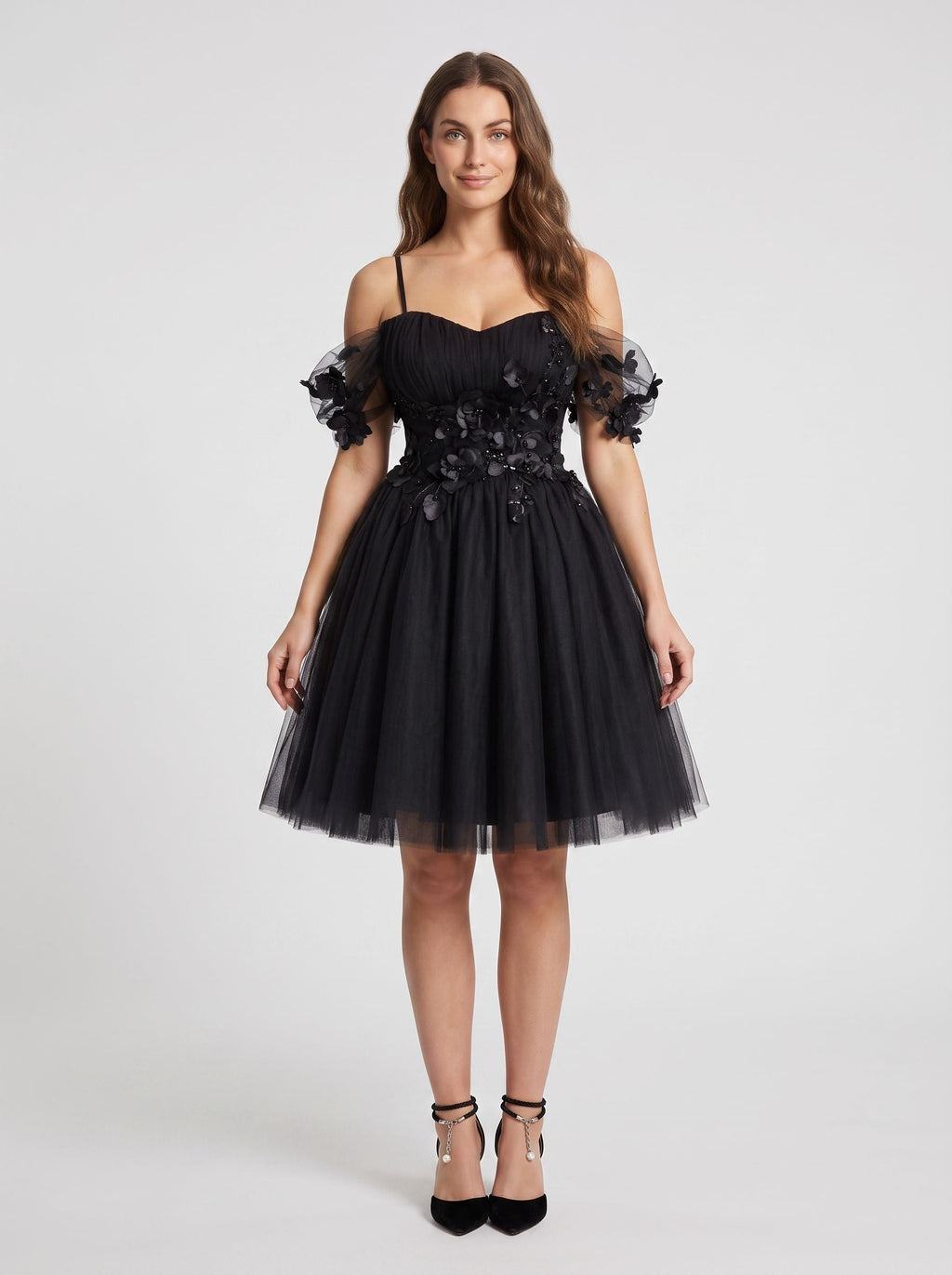 Black Tulle A-Line Off-the-Shoulder Criss-Cross Straps Short Dress with Sweetheart Bodice - Curvevia