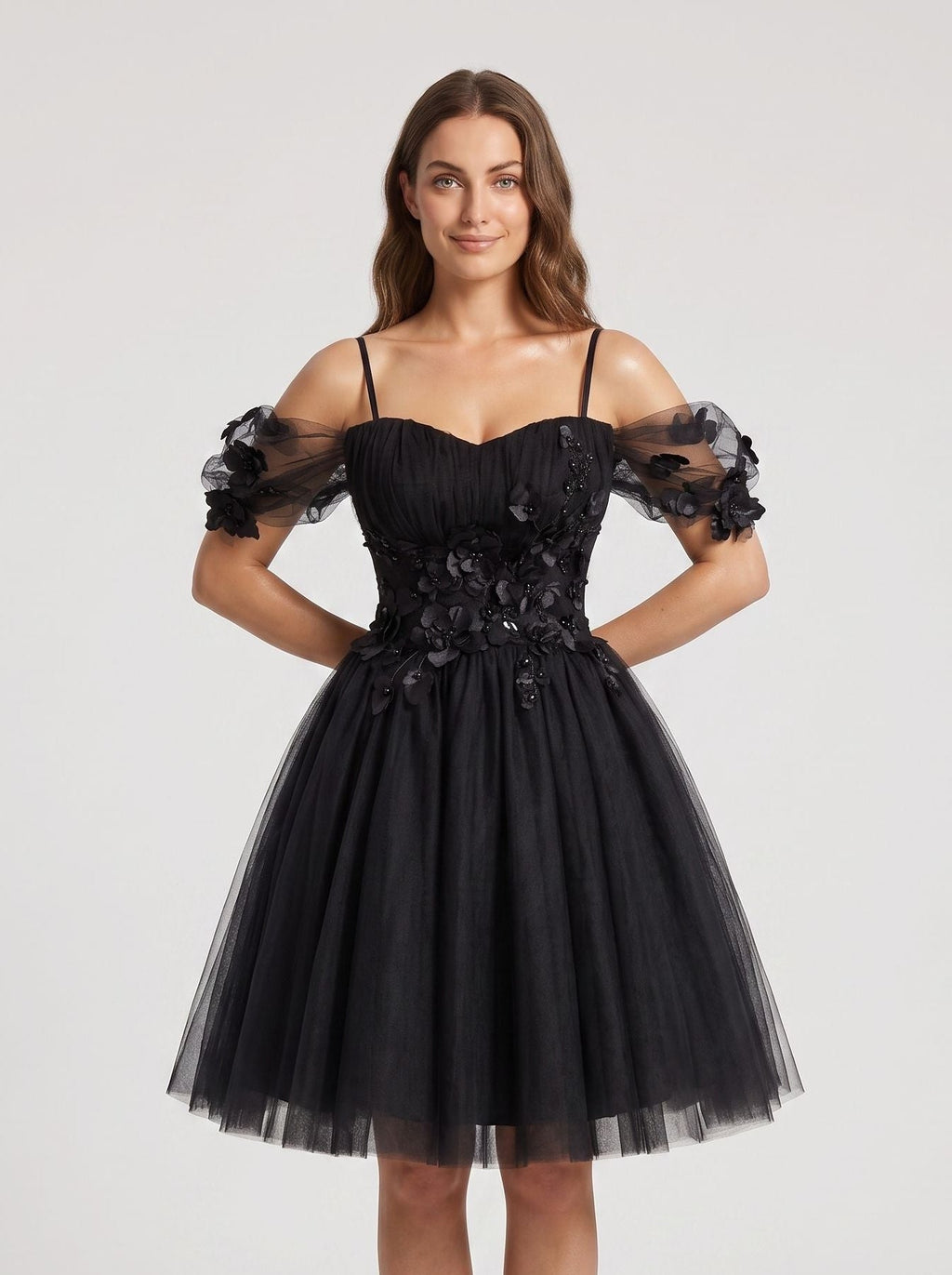Black Tulle A-Line Off-the-Shoulder Criss-Cross Straps Short Dress with Sweetheart Bodice - Curvevia