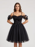 Black Tulle A-Line Off-the-Shoulder Criss-Cross Straps Short Dress with Sweetheart Bodice - Curvevia