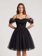 Black Tulle A-Line Off-the-Shoulder Criss-Cross Straps Short Dress with Sweetheart Bodice - Curvevia