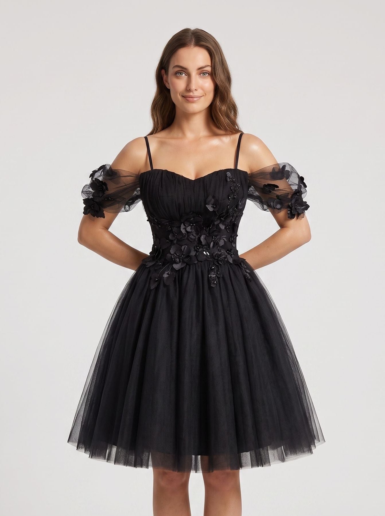 Black Tulle A-Line Off-the-Shoulder Criss-Cross Straps Short Dress with Sweetheart Bodice - Curvevia