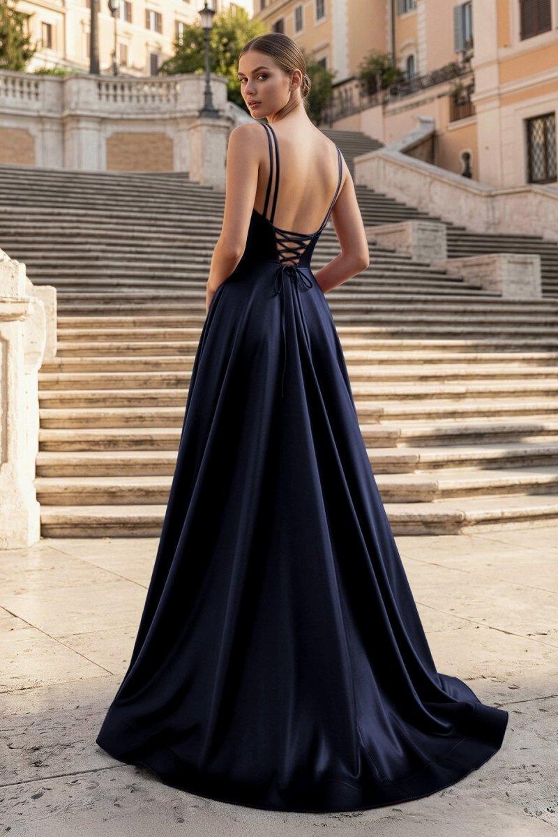 Burgundy Spaghetti Straps A Line Satin Long Prom Dresses With Slit - Curvevia