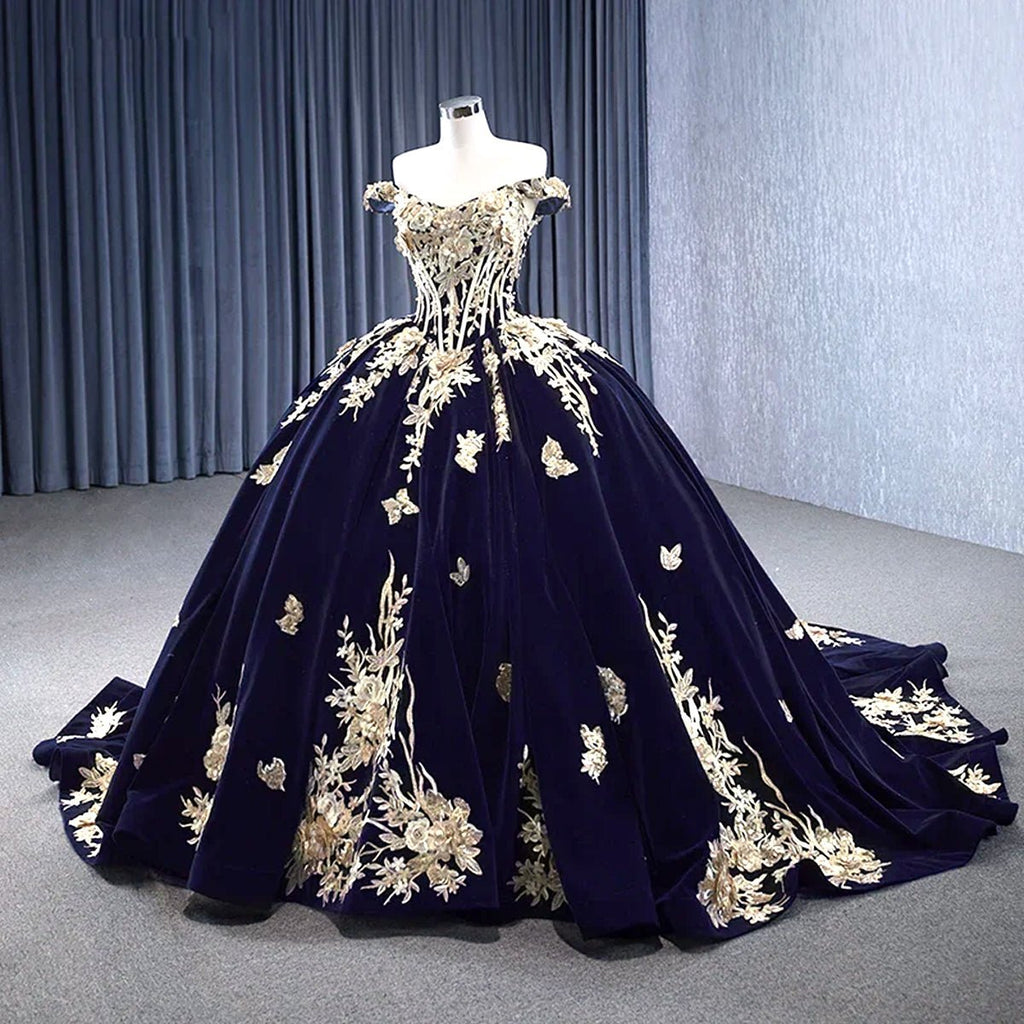 Navy Blue Velvet Quinceañera Dress With Train 3D Flower Appliques Ball Gown - Curvevia