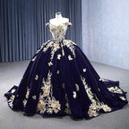 Navy Blue Velvet Quinceañera Dress With Train 3D Flower Appliques Ball Gown - Curvevia