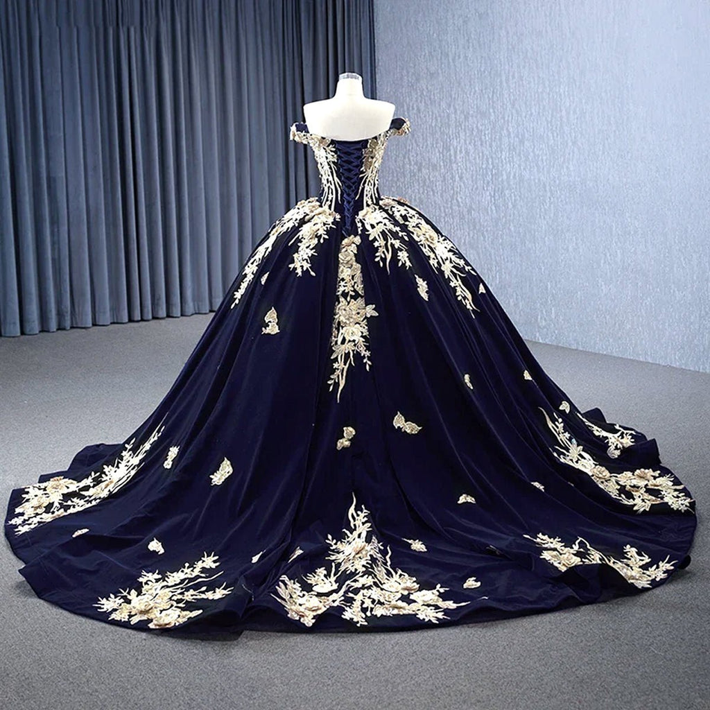 Navy Blue Velvet Quinceañera Dress With Train 3D Flower Appliques Ball Gown - Curvevia