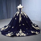 Navy Blue Velvet Quinceañera Dress With Train 3D Flower Appliques Ball Gown - Curvevia