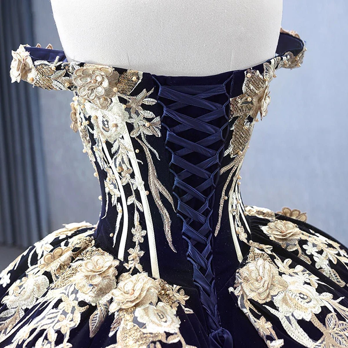 Navy Blue Velvet Quinceañera Dress With Train 3D Flower Appliques Ball Gown - Curvevia