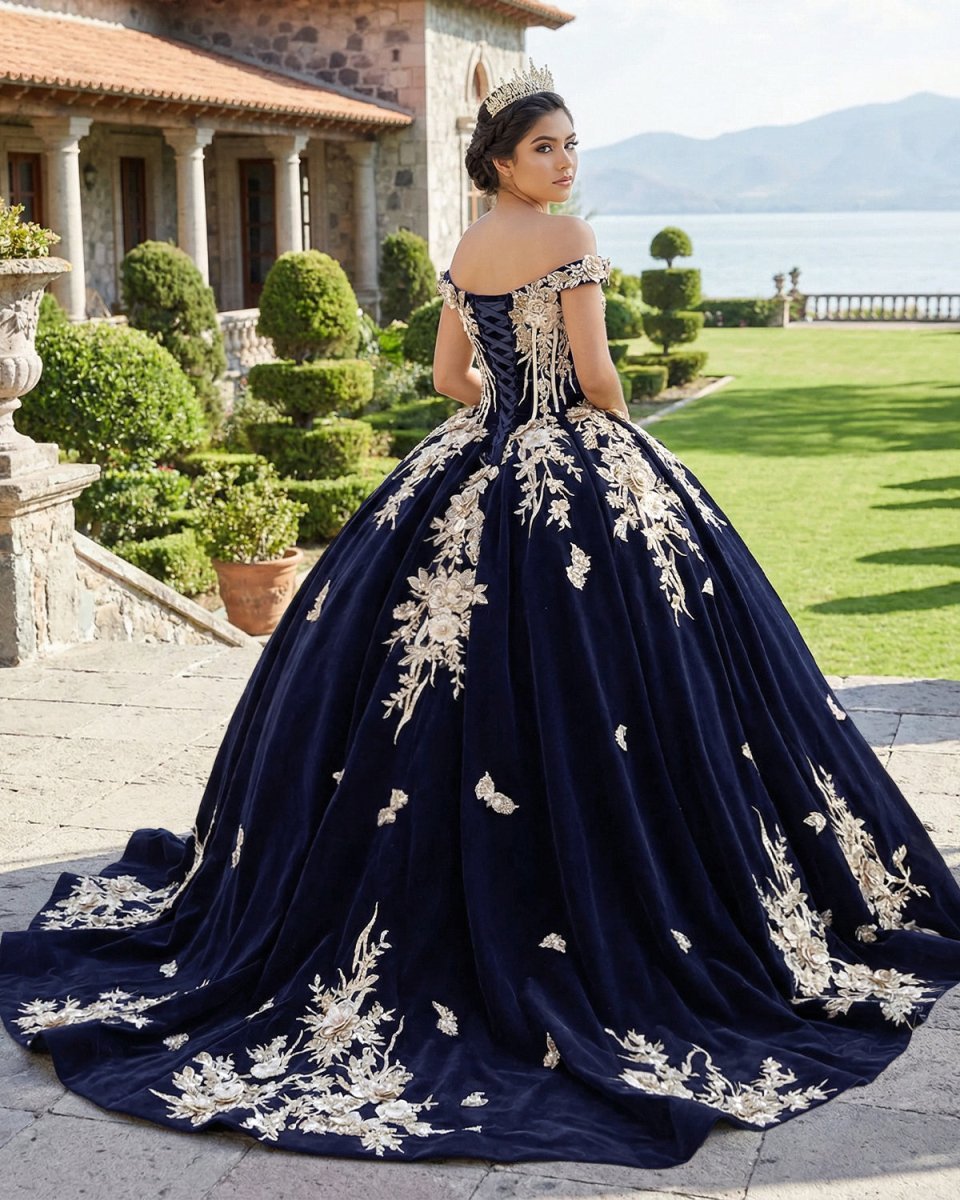 Navy Blue Velvet Quinceañera Dress With Train 3D Flower Appliques Ball Gown - Curvevia