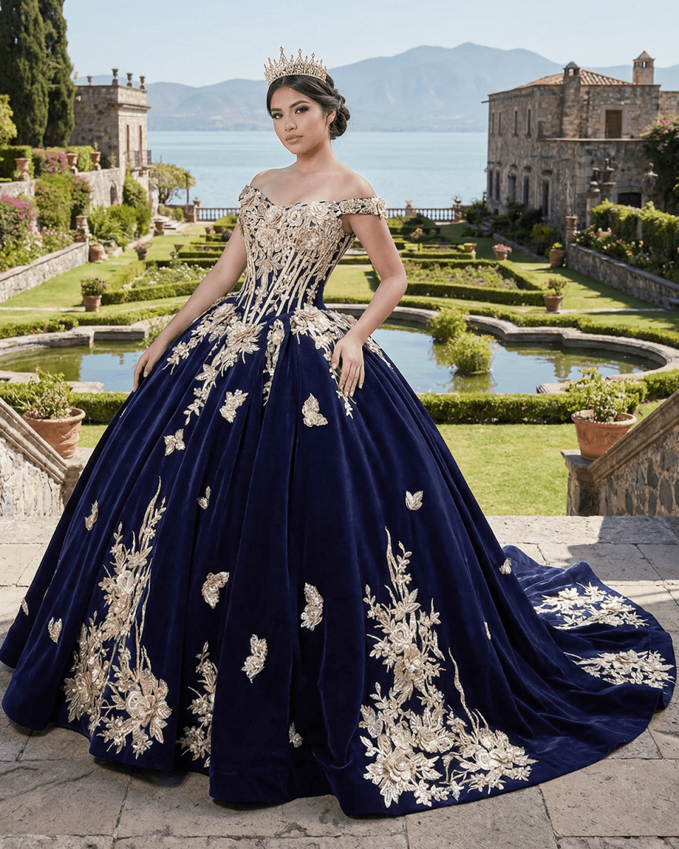 Navy Blue Velvet Quinceañera Dress With Train 3D Flower Appliques Ball Gown - Curvevia