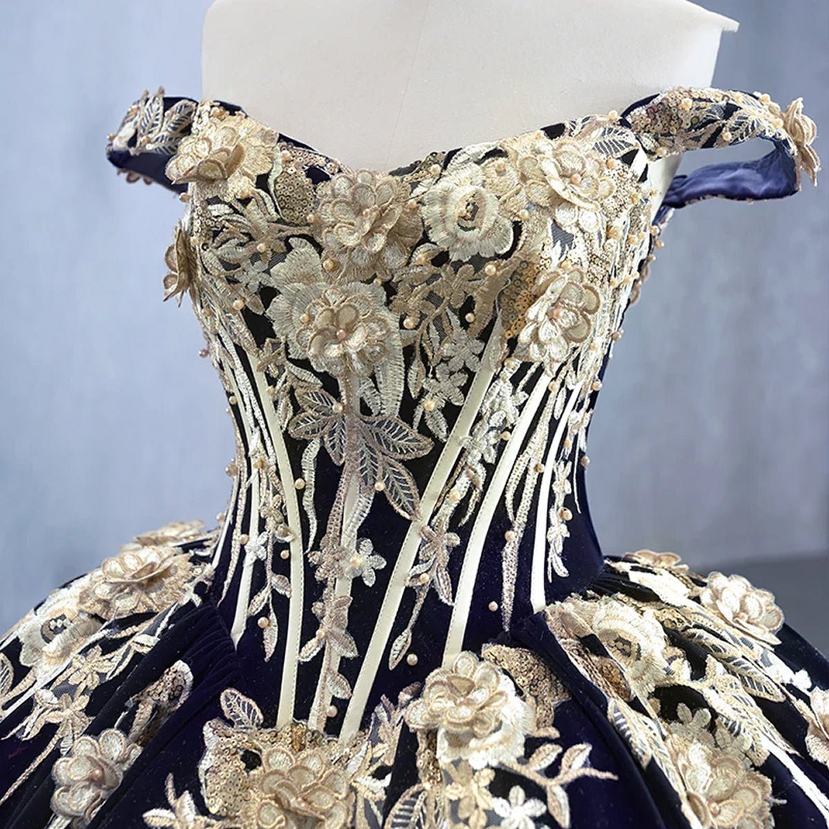 Navy Blue Velvet Quinceañera Dress With Train 3D Flower Appliques Ball Gown - Curvevia
