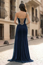 Black Rhinestone One Shoulder A Line Prom Dress with Slit - Curvevia