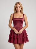 Cabernet Chiffon A-Line Sweetheart Corset Back Short Dress with Ruffle Skirt - Curvevia