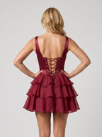 Cabernet Chiffon A-Line Sweetheart Corset Back Short Dress with Ruffle Skirt - Curvevia