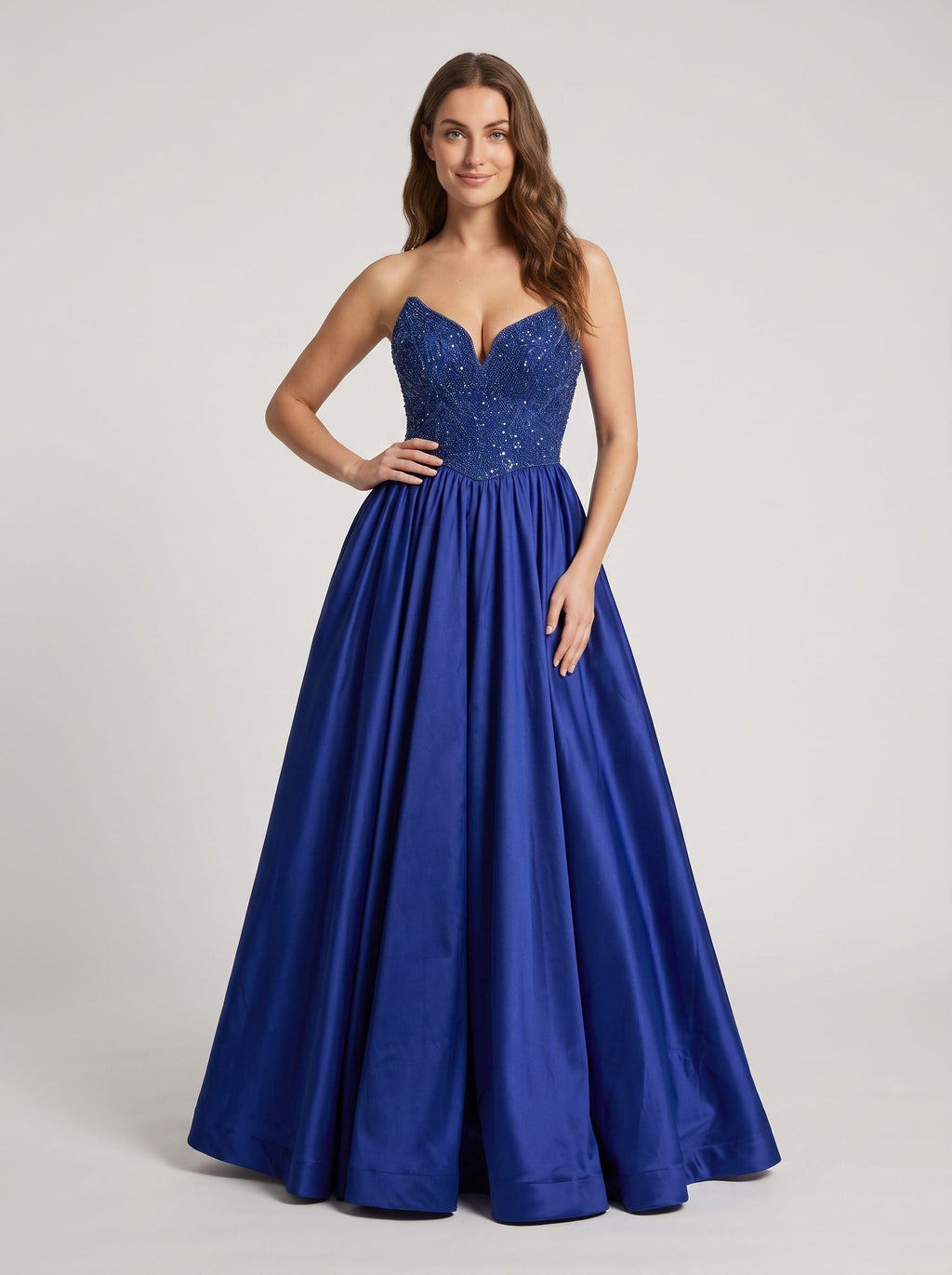 Navy Satin A-Line V-Neck Back Zip Floor-Length Dress with Beaded Bodice & Slit - Curvevia