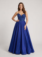 Navy Satin A-Line V-Neck Back Zip Floor-Length Dress with Beaded Bodice & Slit - Curvevia