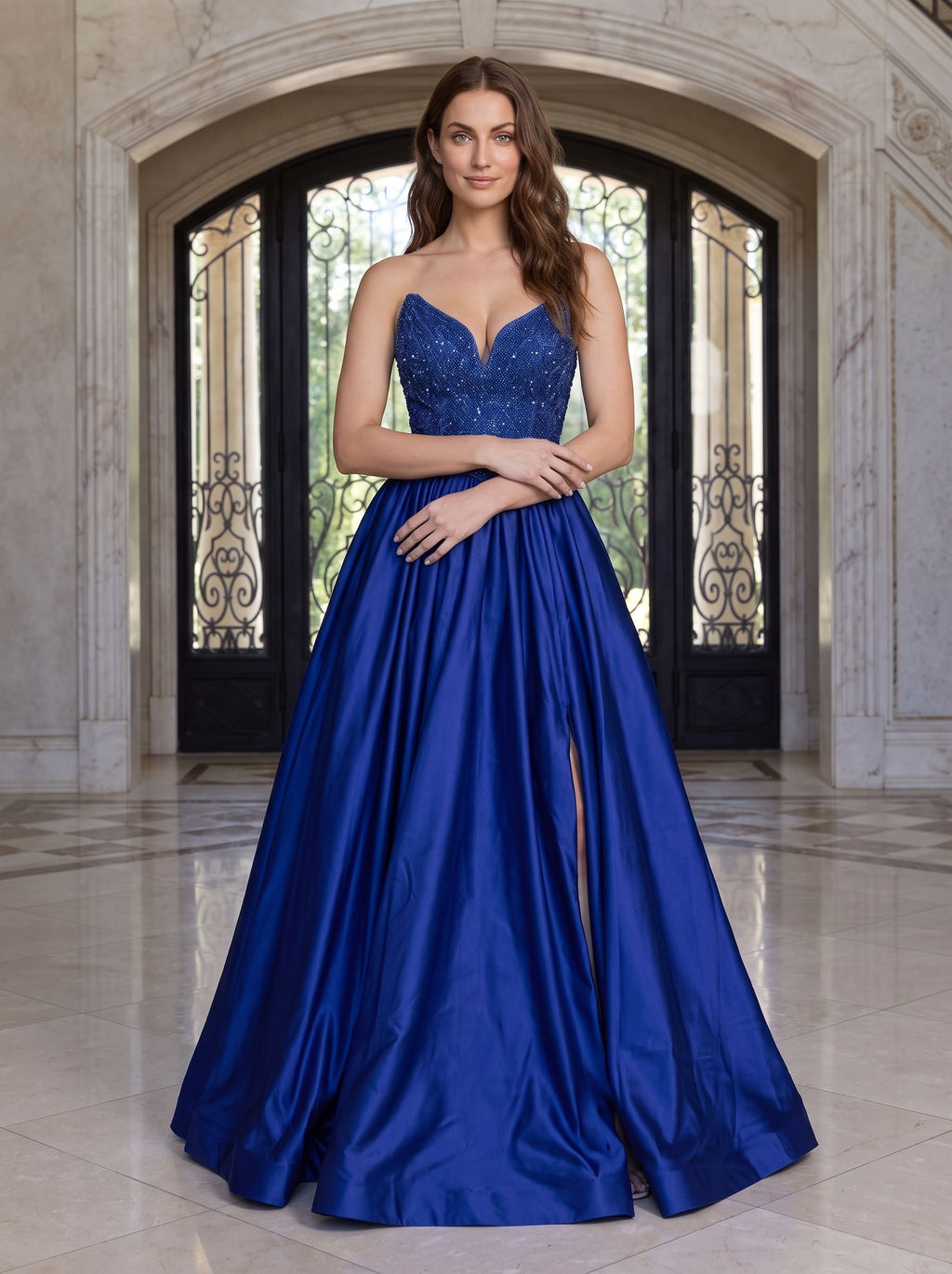 Navy Satin A-Line V-Neck Back Zip Floor-Length Dress with Beaded Bodice & Slit - Curvevia
