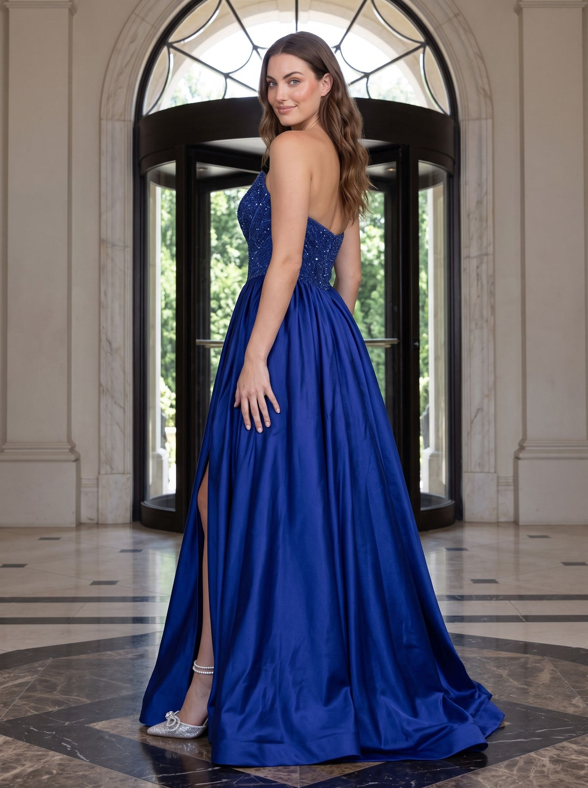 Navy Satin A-Line V-Neck Back Zip Floor-Length Dress with Beaded Bodice & Slit - Curvevia