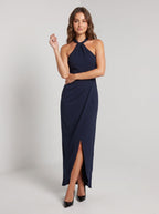 Navy Blue Satin Sheath Halter neckline Back Zip Midi Dress with Front split detail - Curvevia
