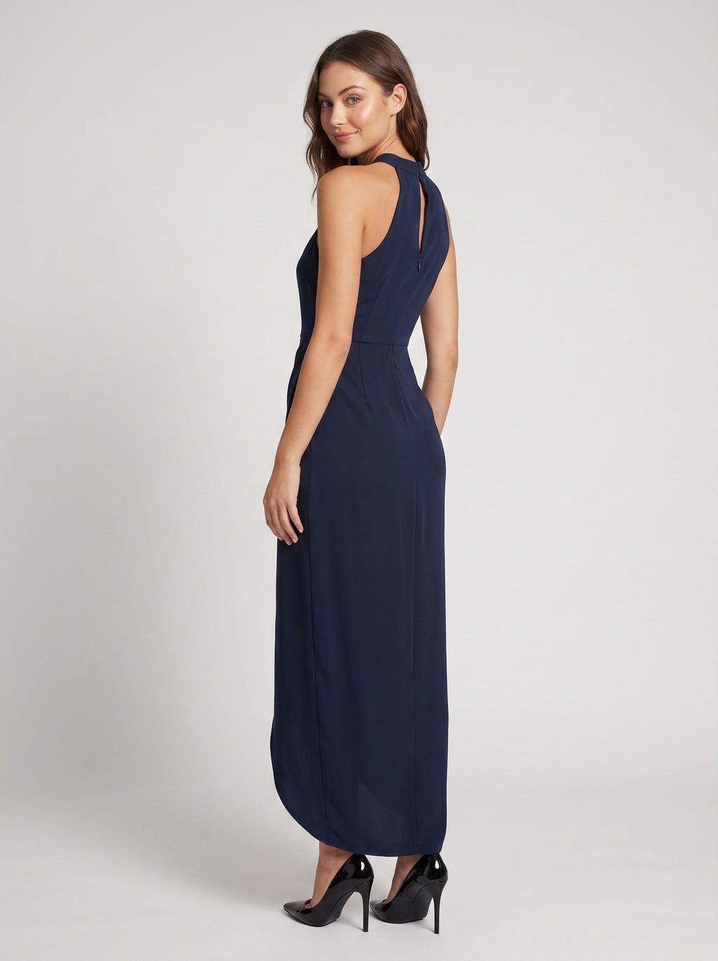 Navy Blue Satin Sheath Halter neckline Back Zip Midi Dress with Front split detail - Curvevia