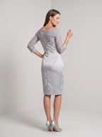 Silver Satin and Lace Sheath Straight Neck Back Zip Knee-Length Dress with Lace Sleeves - Curvevia