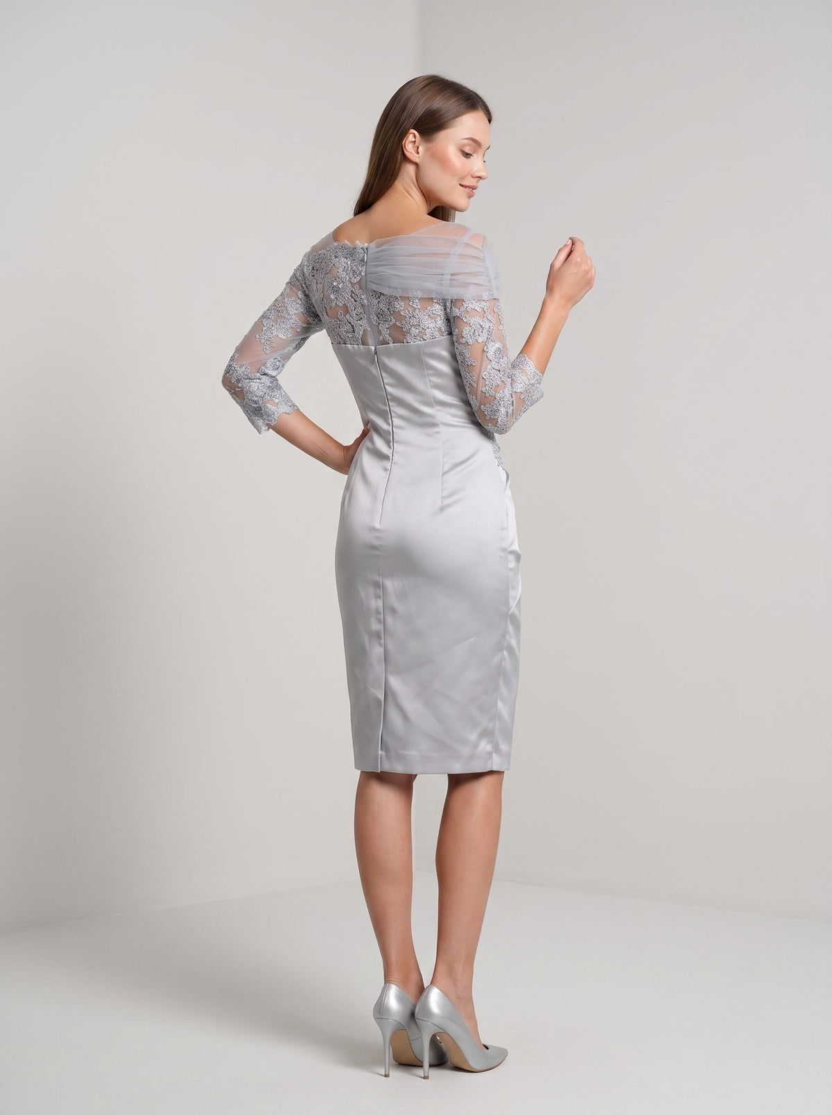 Silver Satin and Lace Sheath Straight Neck Back Zip Knee-Length Dress with Lace Sleeves - Curvevia