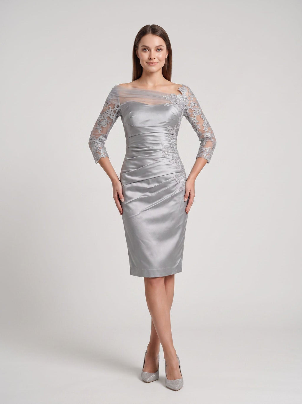 Silver Satin and Lace Sheath Straight Neck Back Zip Knee-Length Dress with Lace Sleeves - Curvevia