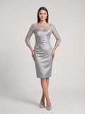 Silver Satin and Lace Sheath Straight Neck Back Zip Knee-Length Dress with Lace Sleeves - Curvevia