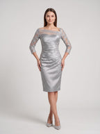 Silver Satin and Lace Sheath Straight Neck Back Zip Knee-Length Dress with Lace Sleeves - Curvevia