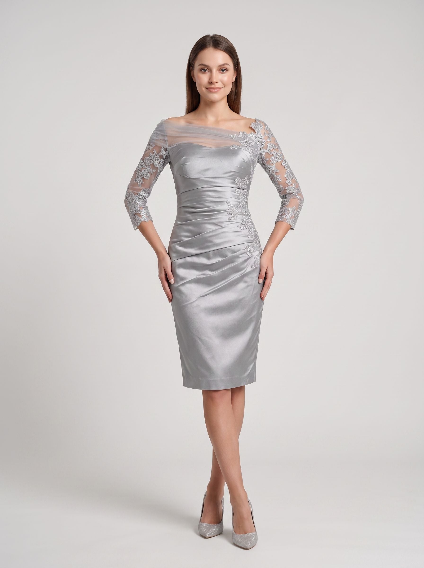 Silver Satin and Lace Sheath Straight Neck Back Zip Knee-Length Dress with Lace Sleeves - Curvevia
