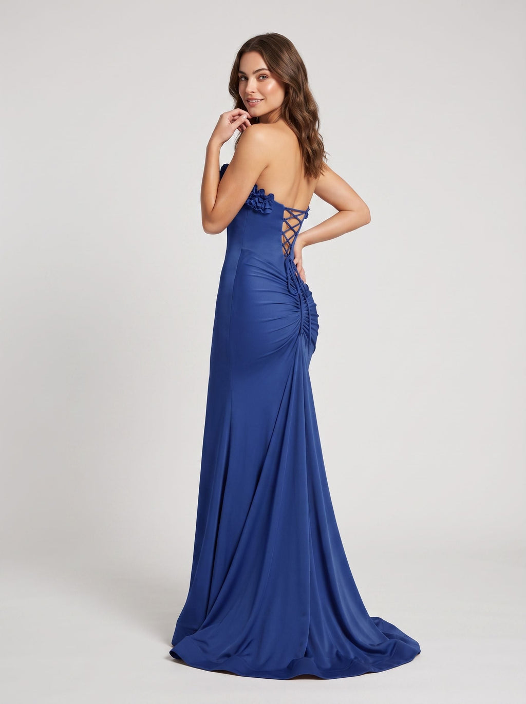 Navy Satin Sheath Straight Neck Lace-up Floor-Length Dress - Curvevia